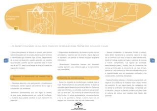 Educar para
 prevenir




     Los padres educando en valores: Consejos generales para tratar con tus hijos e hijas

     Educar para prevenir es educar en valores, pero dichos      - Preguntemos abiertamente y de manera curiosa por sus        - Seamos coherentes: si marcamos límites y normas,
     valores no pueden ser inculcados; tienen que ser sentidos   actividades y pidamos que nos enseñe a hacer algo que         estas deben mantenerse y cumplirse, salvo en el caso
     e identificados por nuestros hijos e hijas. Dependiendo     no sepamos, por ejemplo el manejo de algún programa           de un conflicto con hijos o hijas en edad adolescente,
55   de su nivel de desarrollo, pueden aprender con nosotros     informático.                                                  donde el diálogo puede dar lugar a cambios de normas        55
     las actitudes y valores que les capaciten para un buen                                                                    y nuevos compromisos. Las figuras de autoridad,
                                                                 - Mostrémonos disponibles siempre que requieran
     uso de las TIC, para lo que hemos de tener en cuenta los                                                                  esencialmente padre y madre, han de consensuar las
                                                                 nuestra atención para contarnos algo, y no censuremos
     siguientes consejos:                                                                                                      normas y límites para la conducta de sus hijos e hijas,
                                                                 sus comentarios.
                                                                                                                               porque en caso contrario los niños encontrarán resquicios
                                                                                                                               e inestabilidades que les provocarán confusión y las
     1) Mejoremos la comunicación con nuestros hijos e                                                                         consecuentes conductas disruptivas.
                                                                 2) Desarrolla una autoridad positiva:
     hijas:
                                                                                                                               - Seamos firmes y estables: si tomamos una decisión con
                                                                 - Somos los modelos de conducta para nuestras hijas e         respecto a la conducta de nuestros hijos e hijas, hemos
     - Prestemos atención a sus sentimientos y mostrémonos
                                                                 hijos. Nuestro ejercicio de autoridad positiva es bueno y     de cumplirla. Si, por alguna razón, les castigamos con
     interesados, siendo capaces de ponernos en su lugar y
                                                                 saludable para el desarrollo psico-social del niño. Debemos   no utilizar el ordenador o el videojuego, cumplamos con
     comprender sus problemas.
                                                                 saber poner límites a su actividad, pues tiene que aprender   la decisión, porque no hacerlo echaría por tierra todo
     -Valoremos positivamente que nos digan la verdad,           que “no todo vale”. La conducta de nuestros hijos e hijas     el sistema de normas que nuestros hijos tienen que
     de este modo estableceremos un clima de confianza,          pide límites. Si somos excesivamente condescendientes         aprender.
     y nuestros hijos podrán decirnos lo que realmente les       y no se los ponemos a tiempo, nuestros hijos nos los
     preocupa.                                                   exigirán con conductas cada vez más inadecuadas.
 