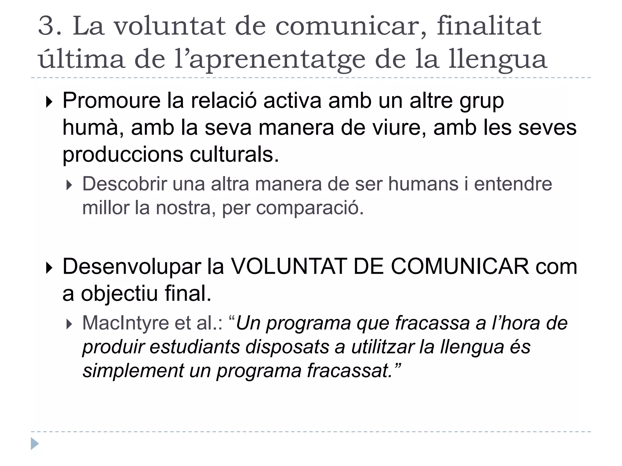 2. Competència per al canvi sociolingüísticEl context multilingüe i de canvi general, ràpid i profund reclama una capacitació especial:Conèixer i exercitar els mecanismes de creativitat i expressivitat: formació de mots; locucions, expressions, frases fetes; expressivitat...Capacitat de seleccionar críticament els manlleus o préstecs d’altres llengües (adopció i adaptació)Invitació amb motiu del centenari de la Secció Filològica i de Joan Maragall: 