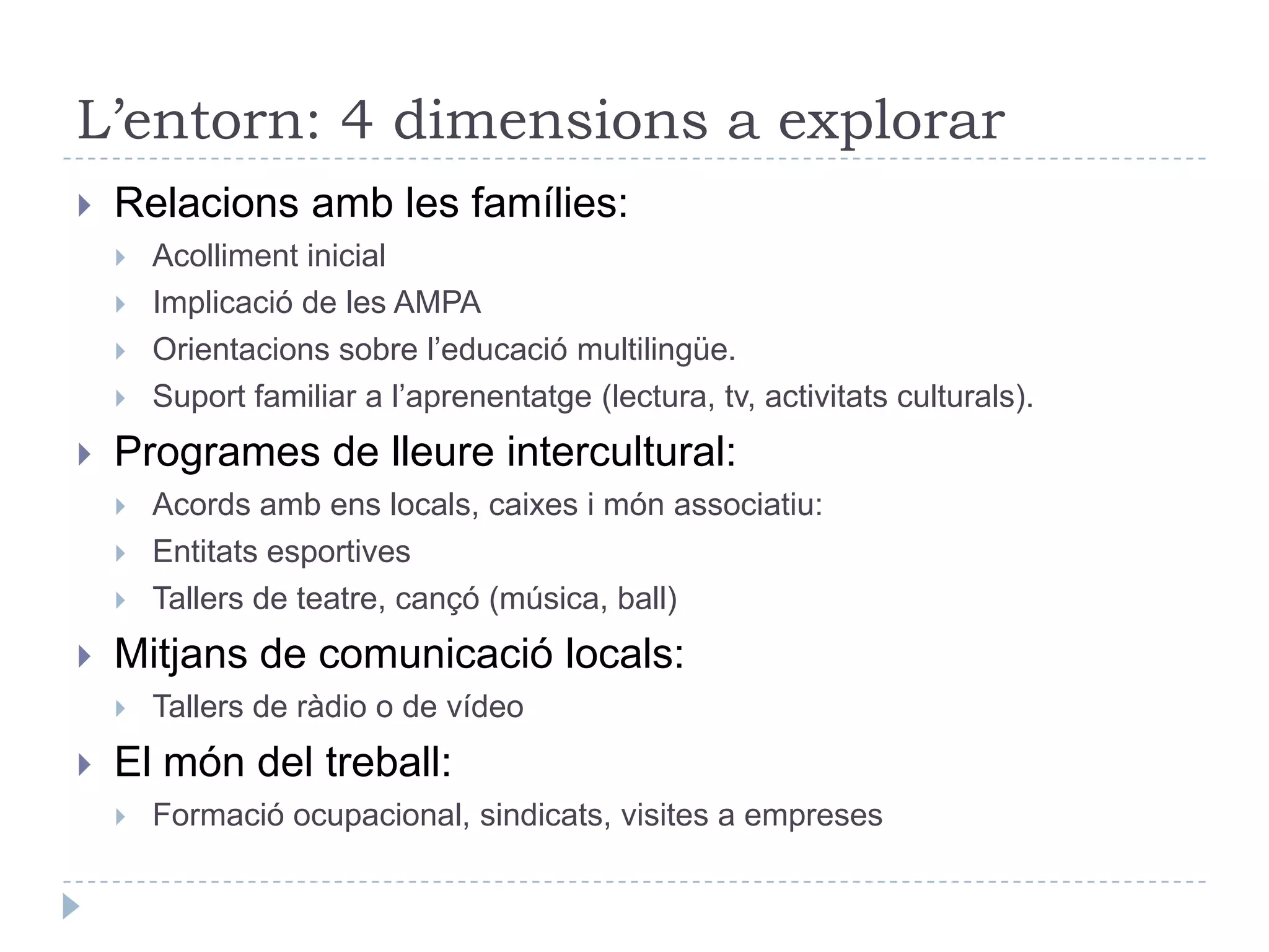 AICLE: Totes les àrees treballen la llenguaAICLE: aprenentatge integrat de contingut i llengua en totes les matèries (no sols llengua vehicular estrangera!):Un bon revulsiu per als projectes lingüístics de centre?Establir objectius en els dos fronts i estratègies lingüístiques de suport: facilitar i comprovar l’adquisició del llenguatge específic de la matèria.Atenció especial al pas gradual de l’aula d’acollida a l’ordinària (Joaquim Arnau).Prodigar formes de treball interactives i intensives en comunicacióIntegració en grups de treball amb alumnes competentsAprenentatge entre iguals: tutorització de companys-guia, parelles lingüístiques, acollida dels petits pels més grans...Estratègies de motivació al llarg del procés d’aprenentatge (Dörnyei)