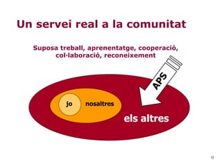 12
Un servei real a la comunitat
jo nosaltres
els altres
APS
Suposa treball, aprenentatge, cooperació,
col·laboració, reconeixement
 