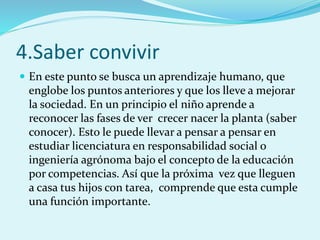 4.Saber convivir 
 En este punto se busca un aprendizaje humano, que 
englobe los puntos anteriores y que los lleve a mejorar 
la sociedad. En un principio el niño aprende a 
reconocer las fases de ver crecer nacer la planta (saber 
conocer). Esto le puede llevar a pensar a pensar en 
estudiar licenciatura en responsabilidad social o 
ingeniería agrónoma bajo el concepto de la educación 
por competencias. Así que la próxima vez que lleguen 
a casa tus hijos con tarea, comprende que esta cumple 
una función importante. 
 