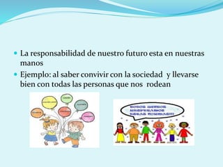  La responsabilidad de nuestro futuro esta en nuestras 
manos 
 Ejemplo: al saber convivir con la sociedad y llevarse 
bien con todas las personas que nos rodean 
