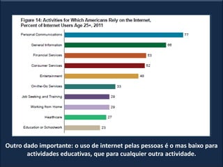 Outro dado importante: o uso de internet pelas pessoas é o mas baixo para
actividades educativas, que para cualquier outra actividade.
 