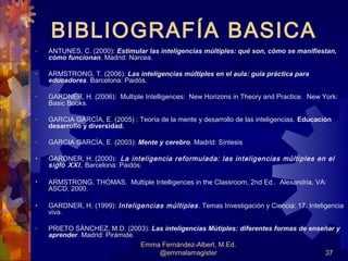 BIBLIOGRAFÍA BASICA
-   ANTUNES, C. (2000): Estimular las inteligencias múltiples: qué son, cómo se manifiestan,
    cómo funcionan. Madrid: Narcea.

-   ARMSTRONG, T. (2006): Las inteligencias múltiples en el aula: guía práctica para
    educadores. Barcelona: Paidós.

-   GARDNER, H. (2006): Multiple Intelligences: New Horizons in Theory and Practice. New York:
    Basic Books.

-   GARCIA GARCÍA, E. (2005) : Teoría de la mente y desarrollo de las inteligencias. Educación
    desarrollo y diversidad.

-   GARCIA GARCÍA, E. (2003): Mente y cerebro. Madrid: Síntesis

•   GARDNER, H. (2000): La inteligencia reformulada: las inteligencias múltiples en el
    siglo XXI . Barcelona: Paidós.

•   ARMSTRONG, THOMAS. Multiple Intelligences in the Classroom, 2nd Ed.. Alexandria, VA:
    ASCD, 2000.

•   GARDNER, H. (1999): Inteligencias múltiples . Temas Investigación y Ciencia: 17. Inteligencia
    viva.

-   PRIETO SÁNCHEZ, M.D. (2003): Las inteligencias Mútiples: diferentes formas de enseñar y
    aprender. Madrid: Pirámide.
                                Emma Fernández-Albert, M.Ed.
                                    @emmalamagister                                   37
 