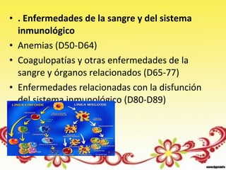 • . Enfermedades de la sangre y del sistema
inmunológico
• Anemias (D50-D64)
• Coagulopatías y otras enfermedades de la
sangre y órganos relacionados (D65-77)
• Enfermedades relacionadas con la disfunción
del sistema inmunológico (D80-D89)
 
