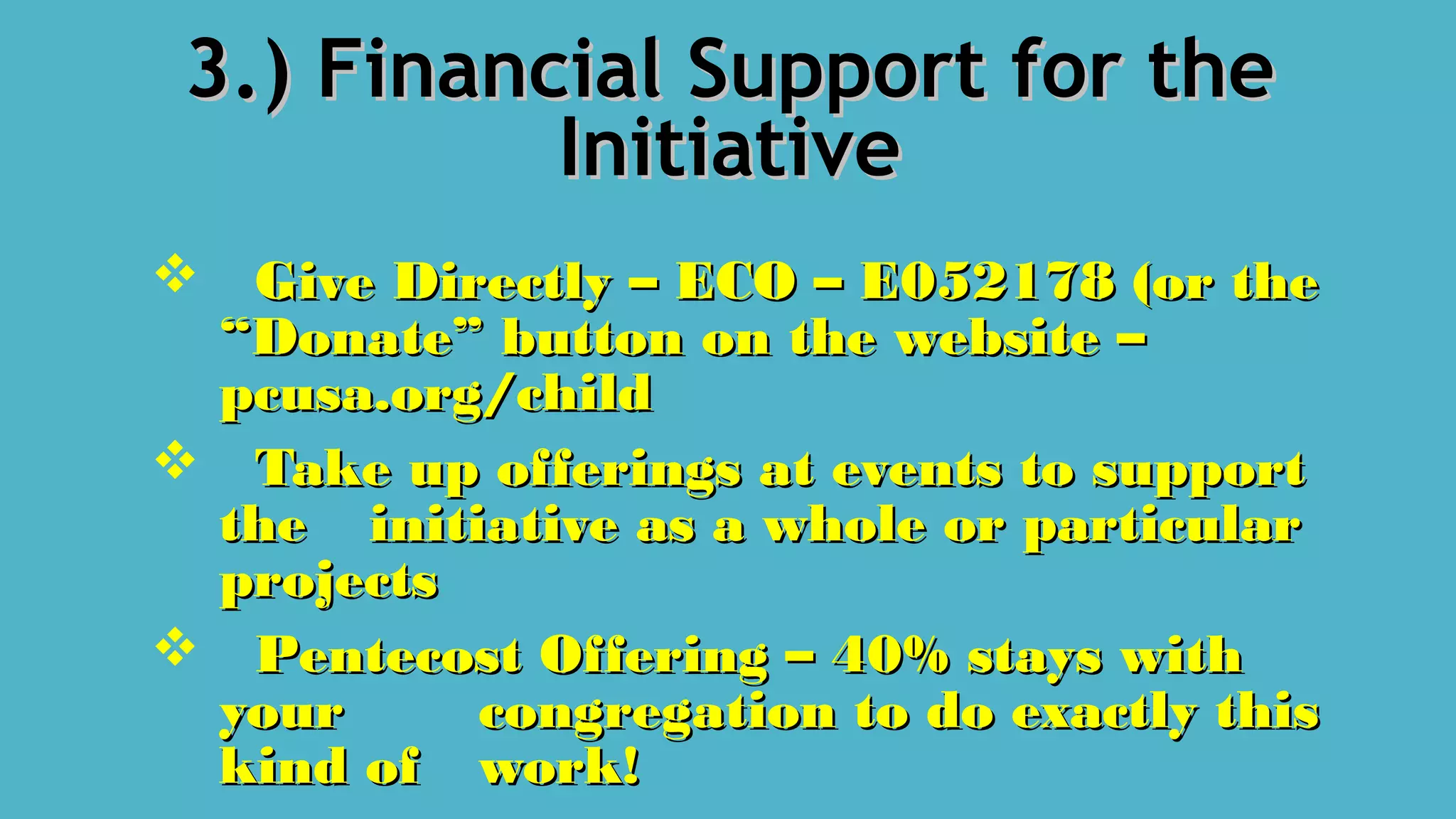 3.) Financial Support for the3.) Financial Support for the
InitiativeInitiative
 Give Directly – ECO – E052178 (or theGive Directly – ECO – E052178 (or the
“Donate” button on the website –“Donate” button on the website –
pcusa.org/childpcusa.org/child
 Take up offerings at events to supportTake up offerings at events to support
thethe initiative as a whole or particularinitiative as a whole or particular
projectsprojects
 Pentecost Offering – 40% stays withPentecost Offering – 40% stays with
youryour congregation to do exactly thiscongregation to do exactly this
kind ofkind of work!work!
 