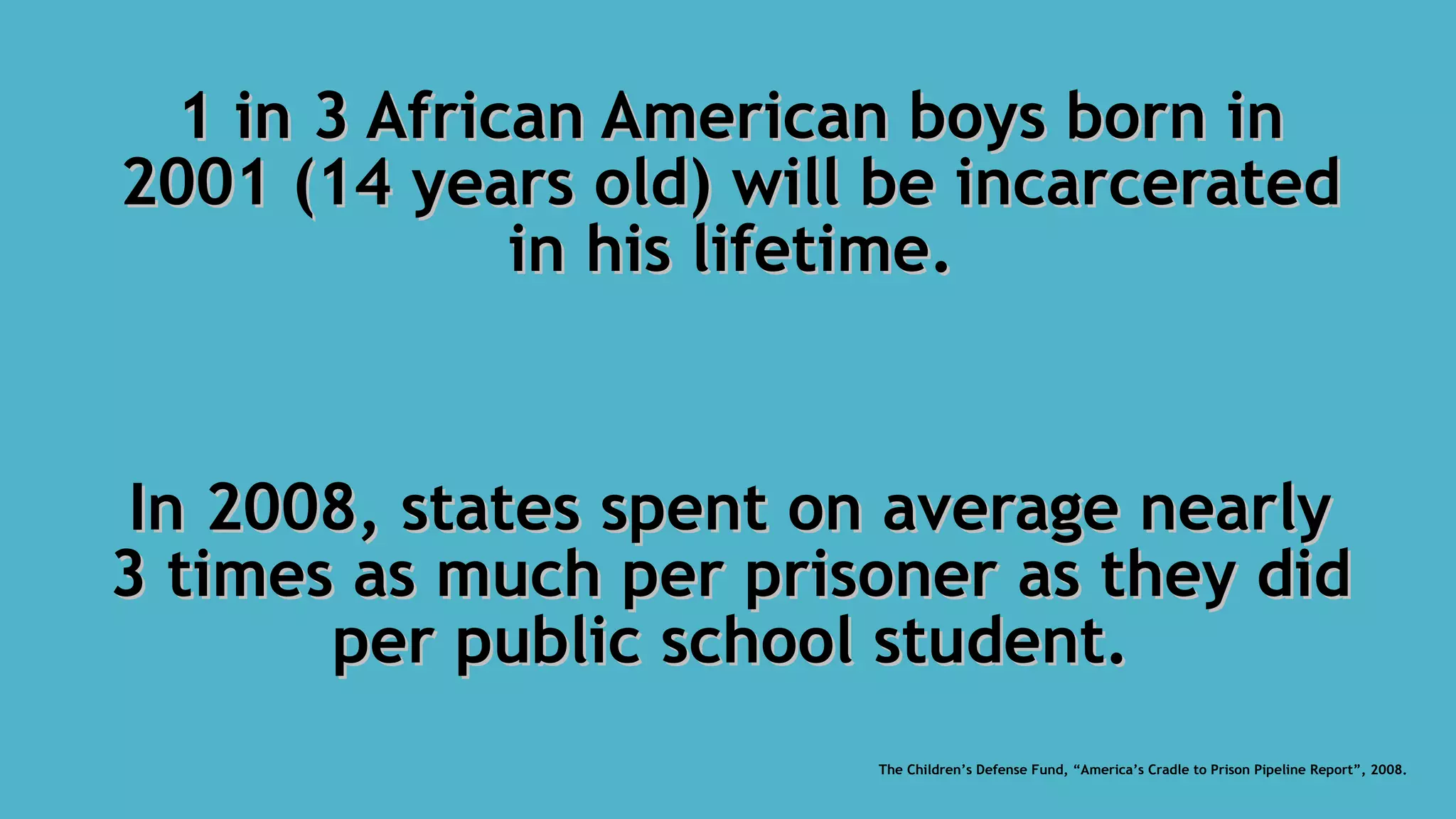 1 in 3 African American boys born in1 in 3 African American boys born in
2001 (14 years old) will be incarcerated2001 (14 years old) will be incarcerated
in his lifetime.in his lifetime.
In 2008, states spent on average nearlyIn 2008, states spent on average nearly
3 times as much per prisoner as they did3 times as much per prisoner as they did
per public school student.per public school student.
The Children’s Defense Fund, “America’s Cradle to Prison Pipeline Report”, 2008.
 