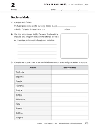 FICHA DE AMPLIAÇÃO ESTUDO DO MEIO 3.º ANO 
2 
Nome: Data: / / 
DESAFIOS • Estudo do Meio • 3.o ano • Material fotocopiável © Santillana-Constância 105 
Nacionalidade 
1. Completa as frases. 
Portugal pertence à União Europeia desde o ano . 
A União Europeia é constituída por países. 
2. Um dos símbolos da União Europeia é a bandeira. 
Procura uma imagem da bandeira referida e cola-a. 
a) Investiga sobre o significado das estrelas. 
3. Completa o quadro com a nacionalidade correspondente a alguns países europeus. 
Países Nacionalidade 
Finlândia 
Espanha 
Suécia 
Roménia 
França 
Bélgica 
Alemanha 
Itália 
Áustria 
Estónia 
Bulgária 
 