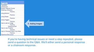 If you’re having technical issues or need a step repeated, please
send a question to the Q&A. We’ll either send a personal response
or a chatroom response.
5. Adding Images
 