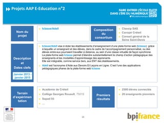 34 
Projets AAP E-Education n°2 
► Iclasse/Adell 
Nom du 
projet 
► Classip SAS 
► Canopé Créteil 
► Conseil général de la...