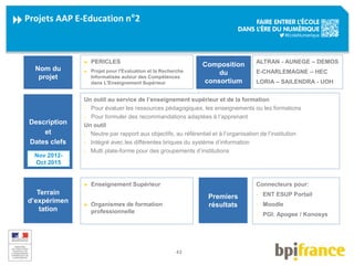 43 
Projets AAP E-Education n°2 
► PERICLES 
► Projet pour l'Evaluation et la Recherche 
Informatisée autour des Compétenc...