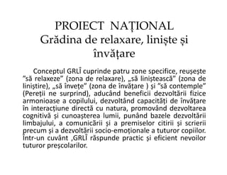 PROIECT NAȚIONAL
Grădina de relaxare, liniște și
învățare
Conceptul GRLÎ cuprinde patru zone specifice, reușește
”să relaxeze” (zona de relaxare), „să liniștească” (zona de
liniștire), „să învețe” (zona de învățare ) și ”să contemple”
liniștire), „să învețe” (zona de învățare ) și ”să contemple”
(Pereții ne surprind), aducând beneficii dezvoltării fizice
armonioase a copilului, dezvoltând capacități de învățare
în interacțiune directă cu natura, promovând dezvoltarea
cognitivă și cunoașterea lumii, punând bazele dezvoltării
limbajului, a comunicãrii și a premiselor citirii și scrierii
precum și a dezvoltării socio-emoționale a tuturor copiilor.
Într-un cuvânt ,GRLÎ răspunde practic și eficient nevoilor
tuturor preșcolarilor.
 