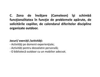 C. Zona de învăţare (Cameleon) îşi schimbă
funcţionalitatea în funcţie de problemele apărute, de
solicitările copiilor, de calendarul diferitelor discipline
organizate outdoor.
Jocuri/ exerciţii /activităţi:
- Activităţi pe domenii experienţiale;
- Activități pentru dezvolatre personală;
- O bibliotecă outdoor cu un mobilier adecvat.
 