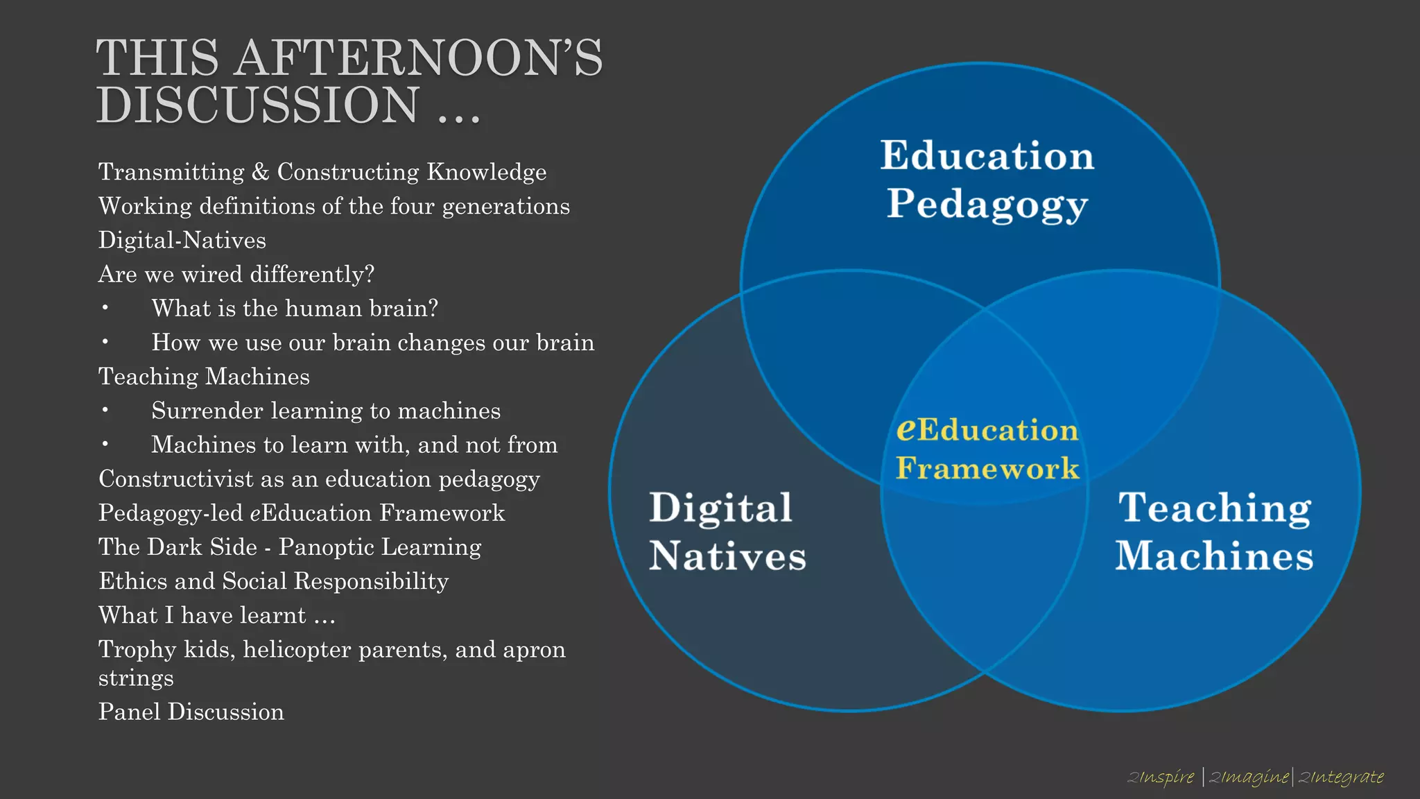 2Inspire |2Imagine|2Integrate
THIS AFTERNOON’S
DISCUSSION …
Transmitting & Constructing Knowledge
Working definitions of the four generations
Digital-Natives
Are we wired differently?
• What is the human brain?
• How we use our brain changes our brain
Teaching Machines
• Surrender learning to machines
• Machines to learn with, and not from
Constructivist as an education pedagogy
Pedagogy-led eEducation Framework
The Dark Side - Panoptic Learning
Ethics and Social Responsibility
What I have learnt …
Trophy kids, helicopter parents, and apron
strings
Panel Discussion
 