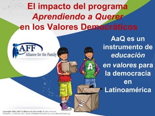 El impacto del programa
   Aprendiendo a Querer
en los Valores Democráticos
                     AaQ es un
                  instrumento de
                     educación
                  en valores para
                   la democracia
                         en
                   Latinoamérica
 