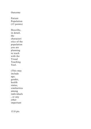 Outcome
Patient
Population
(15 points)
Describe,
in detail,
the
characteri
stics of the
population
you are
planning
to teach
with the
Visual
Teaching
Tool.
(This may
include
age,
gender,
health
status,
similarities
among
individuals
, or any
other
important
15.0 pts
 
