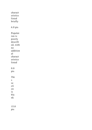 charact
eristics
listed
briefly
6.0 pts
Populat
ion is
poorly
describ
ed, with
no
addition
al
charact
eristics
listed
0.0
pts
Thi
s
se
cti
on
is
bla
nk
15.0
pts
 