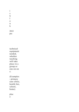 i
s
b
l
a
n
k
20.0
pts
technical
equipment
needed,
whether
teaching
will take
place in a
group or
one-on-on
e.
(Examples
: primary
care clinic,
health fair,
school,
home)
plac
e
 