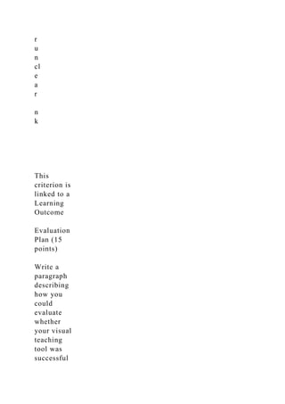 r
u
n
cl
e
a
r
n
k
This
criterion is
linked to a
Learning
Outcome
Evaluation
Plan (15
points)
Write a
paragraph
describing
how you
could
evaluate
whether
your visual
teaching
tool was
successful
 