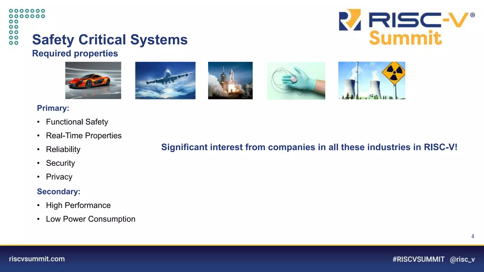 Information Classification: General
Safety Critical Systems
Required properties
Primary:
• Functional Safety
• Real-Time Properties
• Reliability
• Security
• Privacy
Secondary:
• High Performance
• Low Power Consumption
Significant interest from companies in all these industries in RISC-V!
4
 