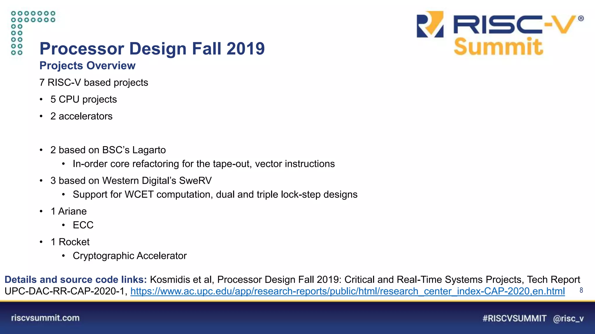 Information Classification: General
Processor Design Fall 2019
Projects Overview
8
7 RISC-V based projects
• 5 CPU projects
• 2 accelerators
• 2 based on BSC’s Lagarto
• In-order core refactoring for the tape-out, vector instructions
• 3 based on Western Digital’s SweRV
• Support for WCET computation, dual and triple lock-step designs
• 1 Ariane
• ECC
• 1 Rocket
• Cryptographic Accelerator
Details and source code links: Kosmidis et al, Processor Design Fall 2019: Critical and Real-Time Systems Projects, Tech Report
UPC-DAC-RR-CAP-2020-1, https://www.ac.upc.edu/app/research-reports/public/html/research_center_index-CAP-2020,en.html
 