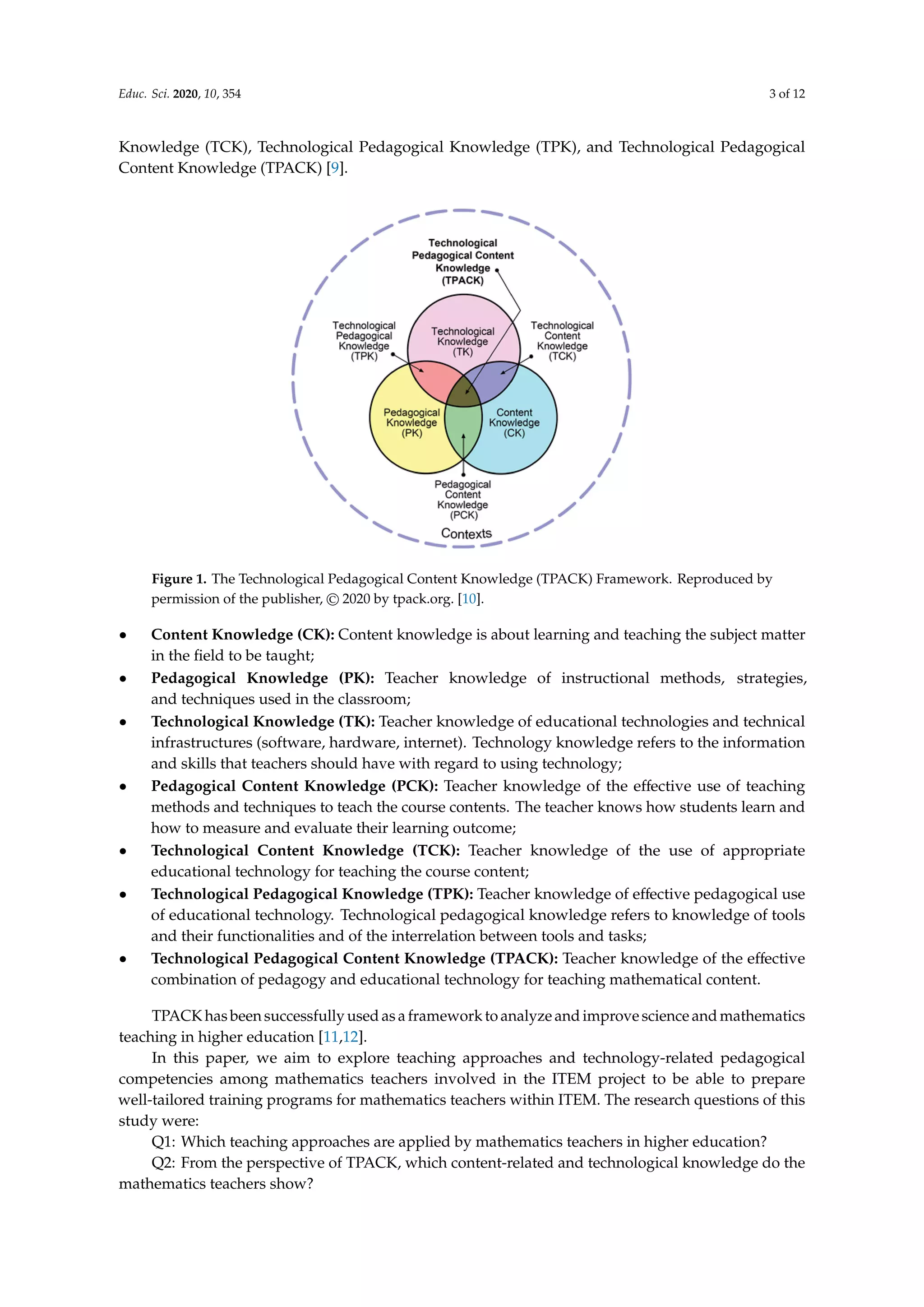 Educ. Sci. 2020, 10, 354 3 of 12
Knowledge (TCK), Technological Pedagogical Knowledge (TPK), and Technological Pedagogical
Content Knowledge (TPACK) [9].
Figure 1. The Technological Pedagogical Content Knowledge (TPACK) Framework. Reproduced by
permission of the publisher, © 2020 by tpack.org. [10].
• Content Knowledge (CK): Content knowledge is about learning and teaching the subject matter
in the field to be taught;
• Pedagogical Knowledge (PK): Teacher knowledge of instructional methods, strategies,
and techniques used in the classroom;
• Technological Knowledge (TK): Teacher knowledge of educational technologies and technical
infrastructures (software, hardware, internet). Technology knowledge refers to the information
and skills that teachers should have with regard to using technology;
• Pedagogical Content Knowledge (PCK): Teacher knowledge of the effective use of teaching
methods and techniques to teach the course contents. The teacher knows how students learn and
how to measure and evaluate their learning outcome;
• Technological Content Knowledge (TCK): Teacher knowledge of the use of appropriate
educational technology for teaching the course content;
• Technological Pedagogical Knowledge (TPK): Teacher knowledge of effective pedagogical use
of educational technology. Technological pedagogical knowledge refers to knowledge of tools
and their functionalities and of the interrelation between tools and tasks;
• Technological Pedagogical Content Knowledge (TPACK): Teacher knowledge of the effective
combination of pedagogy and educational technology for teaching mathematical content.
TPACK has been successfully used as a framework to analyze and improve science and mathematics
teaching in higher education [11,12].
In this paper, we aim to explore teaching approaches and technology-related pedagogical
competencies among mathematics teachers involved in the ITEM project to be able to prepare
well-tailored training programs for mathematics teachers within ITEM. The research questions of this
study were:
Q1: Which teaching approaches are applied by mathematics teachers in higher education?
Q2: From the perspective of TPACK, which content-related and technological knowledge do the
mathematics teachers show?
 