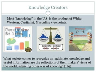 Knowledge Creators

  Most “knowledge” in the U.S. is the product of White,
  Western, Capitalist, Masculine viewpoints.




What society comes to recognize as legitimate knowledge and
useful information are the reflections of their makers’ views of
the world, silencing other was of knowing” (179)
 