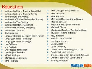  Institute for Sports Training Basket Ball
 Institute for Sports Training Tennis
 Institute for Stock Market
 Institute for Teacher Training Pre Primary
 Institute for Type Writing
 Institute for Interior Designing
 Institute for Jewellery Designing
 Journalism Institutes
 Kindergartens
 Language Classes for English Conversation
 Language Classes For Foreign
 Language Classes for Telugu
 Law Colleges
 Live Projects
 Live Projects for M Tech
 Live Projects for MBA
 M Tech Colleges
 Management Institutes
 MAT Tutorials
Education
 MBA College Correspondence
 MBA Institutes
 MBA Tutorials
 Mechanical Engineering Institutes
 Medical Colleges
 Medical Transcription Institutes
 Mehendi Classes
 Montessori Teachers Training Institutes
 MS Excel Training Institutes
 MSC Institutes
 NDA Entrance Tutorials
 Nursing Institutes
 Open School
 Open University
 Oracle Financial Training Institutes
 Oracle Training Institutes
 Overseas Education Consultants for Aust
 Overseas Education Consultants f
 Painting Institutes
 