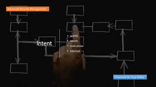 Intent
• wants
• needs
• indicators
• interest
Advanced Security Management
Presented By Tony Ridley
 