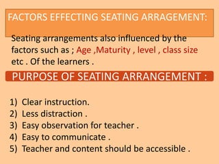 FACTORS EFFECTING SEATING ARRAGEMENT:
Seating arrangements also influenced by the
factors such as ; Age ,Maturity , level , class size
etc . Of the learners .
PURPOSE OF SEATING ARRANGEMENT :
1) Clear instruction.
2) Less distraction .
3) Easy observation for teacher .
4) Easy to communicate .
5) Teacher and content should be accessible .
 