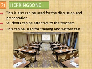 7) HERRINGBONE :
This is also can be used for the discussion and
presentation .
Students can be attentive to the teachers .
This can be used for training and written test .
 