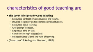 characteristics of good teaching are
• The Seven Principles for Good Teaching
• Encourage contact between students and faculty.
• Develop reciprocity and cooperation among students.
• Encourage active learning.
• Give prompt feedback.
• Emphasize time on task.
• Communicate high expectations.
• Respect diverse talents and ways of learning.
• (Based on Chickering and Gamson, 1987)
 