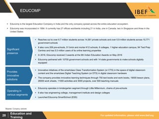 For updated information, please visit www.ibef.org
Education and
Training
28
EDUCOMP
Source: Company website
 Educomp operates in kindergarten segment through Little Millennium, chains of pre-schools
 It also has engineering college, management institute and design colleges
 Launched Educomp SmartSchool (ESS)
Operating in
various segments
 Innovative initiatives of the smartclass Class Transformation System (or CTS) in the space of digital classroom
content and the smartclass Digital Teaching System (or DTS) in digital classroom hardware
 The company provides innovative learning techniques through 750 text books and work books, 19000 lesson plans,
26000 work sheets, 11000 activities and 3000 projects, over 500 teaching manuals
Provides
innovative
solutions
 Educomp is the largest Education Company in India and the only company spread across the entire education ecosystem.
 Educomp was incorporated in 1994. It currently has 27 offices worldwide including 21 in India, one in Canada, two in Singapore and three in the
United States
 Reaches out to over 6.7 million students across 14,561 private schools and over 5.9 million students across 10,771
government schools
 It also runs 209 pre-schools, 51 brick and mortar K12 schools, 6 colleges, 1 higher education campus, 94 Test Prep
Centres and has 5.5 million users of its online learning properties
 In 2016, Educomp received 3 awards at the 6th Indian Education Awards on May 2016
 Educomp partnered with 10700 government schools and with 14 state governments to make schools digitally
equipped
Significant
presence
 