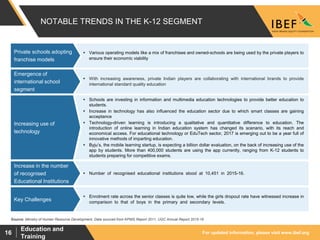For updated information, please visit www.ibef.org
Education and
Training
16
 Enrolment rate across the senior classes is quite low, while the girls dropout rate have witnessed increase in
comparison to that of boys in the primary and secondary levels.
Key Challenges
NOTABLE TRENDS IN THE K-12 SEGMENT
 Various operating models like a mix of franchisee and owned-schools are being used by the private players to
ensure their economic viability
Private schools adopting
franchise models
 With increasing awareness, private Indian players are collaborating with international brands to provide
international standard quality education
Emergence of
international school
segment
 Schools are investing in information and multimedia education technologies to provide better education to
students.
 Increase in technology has also influenced the education sector due to which smart classes are gaining
acceptance
 Technology-driven learning is introducing a qualitative and quantitative difference to education. The
introduction of online learning in Indian education system has changed its scenario, with its reach and
economical access. For educational technology or EduTech sector, 2017 is emerging out to be a year full of
innovative methods of imparting education.
 Byju’s, the mobile learning startup, is expecting a billion dollar evaluation, on the back of increasing use of the
app by students. More than 400,000 students are using the app currently, ranging from K-12 students to
students preparing for competitive exams.
Increasing use of
technology
 Number of recognised educational institutions stood at 10,451 in 2015-16.
Increase in the number
of recognised
Educational Institutions
Source: Ministry of Human Resource Development, Data sourced from KPMG Report 2011, UGC Annual Report 2015-16
 