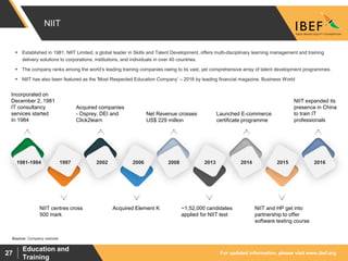 For updated information, please visit www.ibef.org
Education and
Training
27
NIIT
1981-1984 1997 20062002 20132008 20152014 2016
Incorporated on
December 2, 1981
IT consultancy
services started
In 1984
NIIT centres cross
500 mark
Acquired companies
- Osprey, DEI and
Click2learn
Acquired Element K
Net Revenue crosses
US$ 229 million
~1,52,000 candidates
applied for NIIT test
Launched E-commerce
certificate programme
NIIT and HP get into
partnership to offer
software testing course
NIIT expanded its
presence in China
to train IT
professionals
 Established in 1981, NIIT Limited, a global leader in Skills and Talent Development, offers multi-disciplinary learning management and training
delivery solutions to corporations, institutions, and individuals in over 40 countries.
 The company ranks among the world’s leading training companies owing to its vast, yet comprehensive array of talent development programmes.
 NIIT has also been featured as the 'Most Respected Education Company’ – 2016 by leading financial magazine, Business World
Source: Company website
 