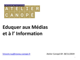 Eduquer aux Médias
et à l’ Information
1
Vincent.ruy@reseau-canope.fr Atelier Canopé 69 28/11/2019
 