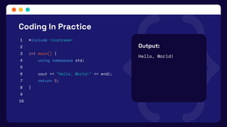 1
2
3
4
5
6
7
8
9
10
Coding In Practice
#include <iostream>
int main() {
using namespace std;
cout << "Hello, World!" << endl;
return 0;
}
Output:
Hello, World!
 