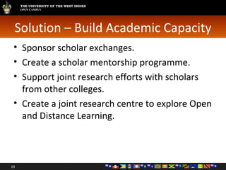 Solution – Build Academic Capacity Sponsor scholar exchanges. Create a scholar mentorship programme. Support joint research efforts with scholars from other colleges. Create a joint research centre to explore Open and Distance Learning. 