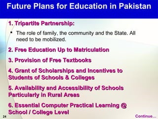 24
1. Tripartite Partnership:1. Tripartite Partnership:
 The role of family, the community and the State. All
need to be mobilized.
2. Free Education Up to Matriculation2. Free Education Up to Matriculation
3. Provision of Free Textbooks3. Provision of Free Textbooks
4. Grant of Scholarships and Incentives to4. Grant of Scholarships and Incentives to
Students of Schools & CollegesStudents of Schools & Colleges
5. Availability and Accessibility of Schools5. Availability and Accessibility of Schools
Particularly in Rural AreasParticularly in Rural Areas
6. Essential Computer Practical Learning @6. Essential Computer Practical Learning @
School / College LevelSchool / College Level
Future Plans for Education in Pakistan
Continue…
 