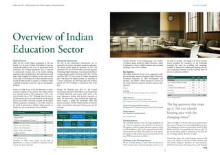Outlook July, 2012 | Indian Education Sector Outlook (Insights on Schooling Segment)




Overview of Indian
Education Sector
Market Overview                                                         Educational Infrastructure                                                    Another indicator of this widening gap is the number                          the midst of a change. This change is the result of several
India has the world’s largest population in the age                     The size of our educational infrastructure can be                             of students going abroad for higher education, which                          factors including the emergence of the knowledge
bracket 5 to 24 years of about 450 million. It also has                 assessed by the private and public spends on education.                       is estimated at over 0.2 million students and an annual                       economy, the need for re-skilling and retraining,
around 500 million in the 25 to 59 age bracket which                    The Indian private spend on education in 2011 was                             spending of over USD 13 billion.                                              available of Internet for collaborative learning, the low
constitutes the working population and is expected                      estimated to be over USD 60 bilion across all segments                                                                                                      cost computing revolution and the breaking down of
to continuously increase even as the world’s working                    (Schooling, Higher Education, Vocational and Ancillary)                       Key Segments                                                                  barriers to education mobility.
population ages and diminishes. This phenomenon will                    or approximately equal to 3% of our GDP. The 11th five                        The Indian Education sector can be segmented under
                                                                                                                                                                                                                                    Exhibit 4:
make India a supplier of workforce to the entire world.                 year plan (2007-12) was termed as “India’s educational                        four broad heads, namely, Schooling, Higher Education,
                                                                                                                                                                                                                                     Particulars                        TPK      2011   2020
In the wake of this reality, the Indian education system                plan” and placed the highest priority on education as                         Vocational Education & Skill Development and
                                                                                                                                                                                                                                     Schooling                         CAGR      $bn     $bn
should therefore be able to produce a workforce which                   a central instrument for achieving rapid and inclusive                        Ancillary. The Exhibit 3 below provides an overview of
is globally competitive and thus reap its demographic                   growth. At USD 54 billion, it constituted 20% of the                          the various education segments and their respective sub-                       K-12 Schools (Tuition Fee Only)    14%       29     95
dividend.                                                               plan.                                                                         segments.                                                                      Tutoring                           14%       8      26
                                                                                                                                                      Exhibit 3:                                                                     Content (Text & Multimedia)        14%      3.5     11.5
Literacy in India is one of the key deterrents to socio-                During the financial year 2011-12, the Central                                                                                                               Stationery                         14%       2      6.5
                                                                                                                                                      Schooling
economic progress of the country. The Indian literacy                   Government allocated USD 8 billion to the Department                                                                                                         Pre School                         15%      1.5      5
                                                                                                                                                      K-12 Schools | Pre-schools | Tutoring | Content | Stationery
rate currently stands at 74% compared to 12% at the                     of School Education and Literacy itself, which is the
                                                                                                                                                                                                                                     Total                                        44     144
end of British rule in 1947. Although there has been a                  main department dealing with primary education in
                                                                                                                                                      Higher Education                                                              Source: Technopak Analysis
six fold growth, the level is well below the world average              India. Yet, there exists a huge demand and supply gap,
                                                                                                                                                      Graduation (General) | Graduation (Professional)
literacy rate of 84%, and India currently has the largest               which requires a sizable and sustainable public and                           Post Graduation (General) | Post Graduation (Professional)
illiterate population compared to any other nation in                   private investment. Exhibit 2 below provides an overview
the world. A quick look at Exhibit 1 below provides an                  of the current Indian educational infrastructure and the                      Vocational Education & Skill Development                                      The big question that crops
insight into the current literacy levels of Indians.                    need gap.
                                                                                                                                                                                                                                    up is “Are our schools
                                                                                                                                                      Finishing School | IT Training | Vocational Training | Teacher Training
Exhibit 1:                                                              Exhibit 2:

                                                                                                                                                                                                                                    keeping pace with the
                                                                                               Educational Infrastructure                             Ancillary Segments
 Level of Education                         Population, mn                                                                                            Test Preparation | Technology Solution
 Illiterate                                       432                                                                         Vocational Training
                                                                            Schools (K-12)              Colleges: 33,023
 Eligible Illiterate                              274                          1.3 mn                   Universities* : 646
                                                                                                                                   Centers
                                                                                                                                   ~18,000
                                                                                                                                                      Source: Technopak Analysis
                                                                                                                                                                                                                                    changing times?”
 Children in the age group of 0-6 years           158                                                                                                 Schooling Segment
 Literate                                         778                      Govt          Private        Govt.       Private    ITI: 2,250
                                                                                                                              Polytechnics:
                                                                                                                                               ITC    The schooling segment covers the largest population of                        There is no debate on the fact that we are experiencing a
 School – up to 5th standard                      234                    1.04 mn        0.26 mn         8,000       25,023       8,350        7,200   our society as compared to any other form of education.                       fierce pace of change in an increasingly global economy.
 School – 6th to 9th standard                     358                                                                                                 The segment is also the largest education segment valued                      The challenge for schools was stated quite clearly by Jack
 School – 10th to 12th standard                   108                      No. of Students:              No. of Students:       No. of Students:      at USD 44 billion in 2011 and is expected to reach USD                        Welch, the CEO of General Electric when he said, “If
                                                                               237mn                          17mn                  4.5 mn            144 bn by the year 2020. The market size of its various                       the rate of change inside an institution is less than the
 Graduate and above                                78
                                                                                                                                                      sub-segments with growth rates and projections for the                        rate of change outside, the end is in sight.”
 Total                                           1210                        Annual Intake                Annual Intake           Annual Intake       year 2020 is mentioned in Exhibit 4.
                                                                                18 mn                        4.5 mn                 1.8 mn
Source: Technopak Analysis                                                                                                                                                                                                          Schools that ignore the trends shaping tomorrow will
                                                                                                           Additional
Therefore, as India moves ahead on the path of                               Additional
                                                                                                          Requirement
                                                                                                                                    Additional        Challenges in the Schooling Segment                                           cease to be relevant in the lives of their students, and
globalization, it needs to overhaul its education system                    Requirement                                            Requirement        We are currently living in a time when the formats in                         will quickly disappear. Therefore, we must transform
                                                                                                         Colleges: 35,000
                                                                           200,000 Schools                                          40mn seats
to meet the future demands.                                                                              Universities: 700                            which societies have consumed education services are in                       all formal institutions of learning, from pre-K through
                                                                        *includes colleges of national importance

                                                                    1                                                                                                                                                           2
 
