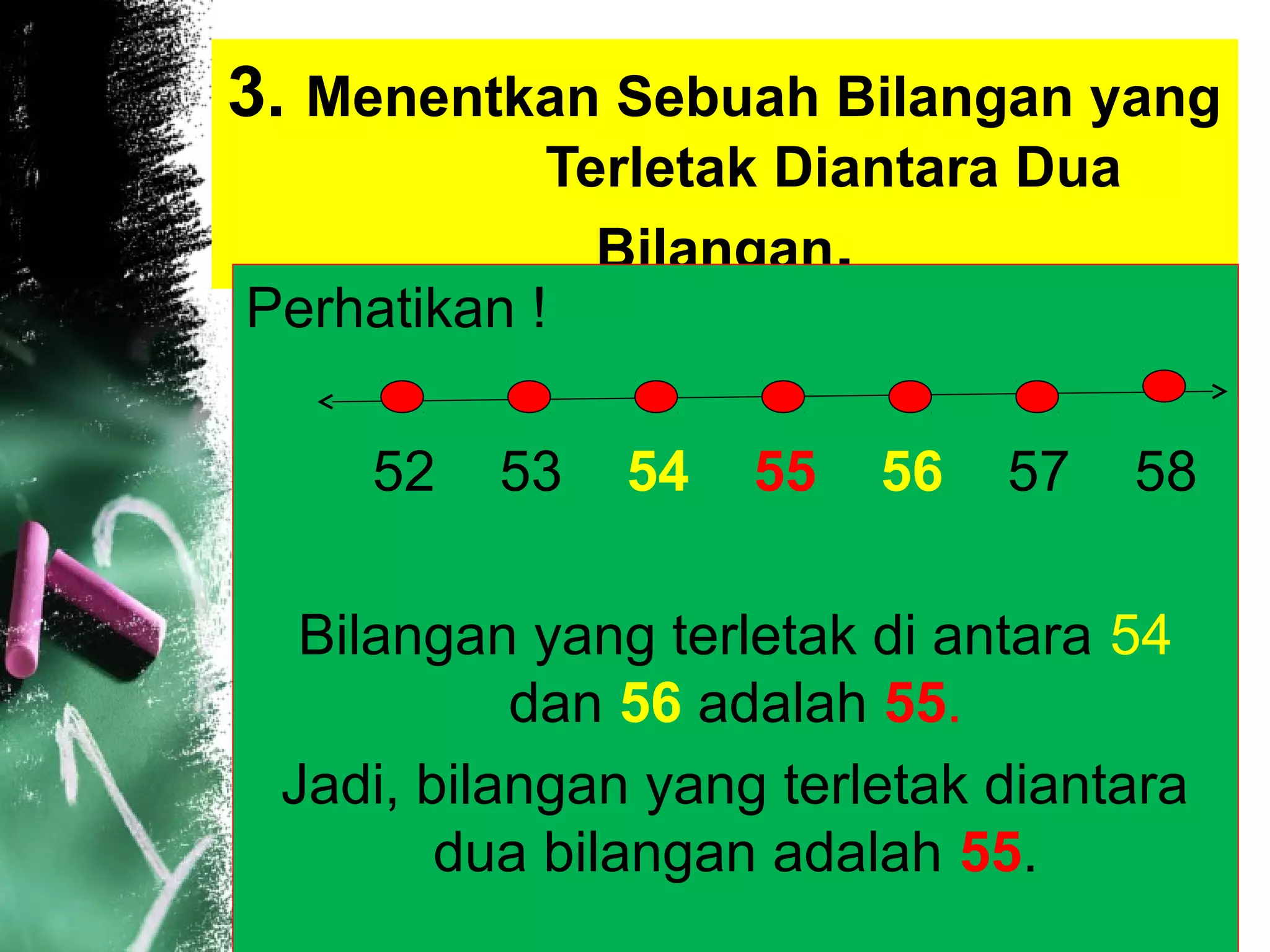 3. Menentkan Sebuah Bilangan yang
Terletak Diantara Dua
Bilangan.
Perhatikan !
52 53 54 55 56 57 58
Bilangan yang terletak di antara 54 
dan 56 adalah 55.
Jadi, bilangan yang terletak diantara 
dua bilangan adalah 55.
 