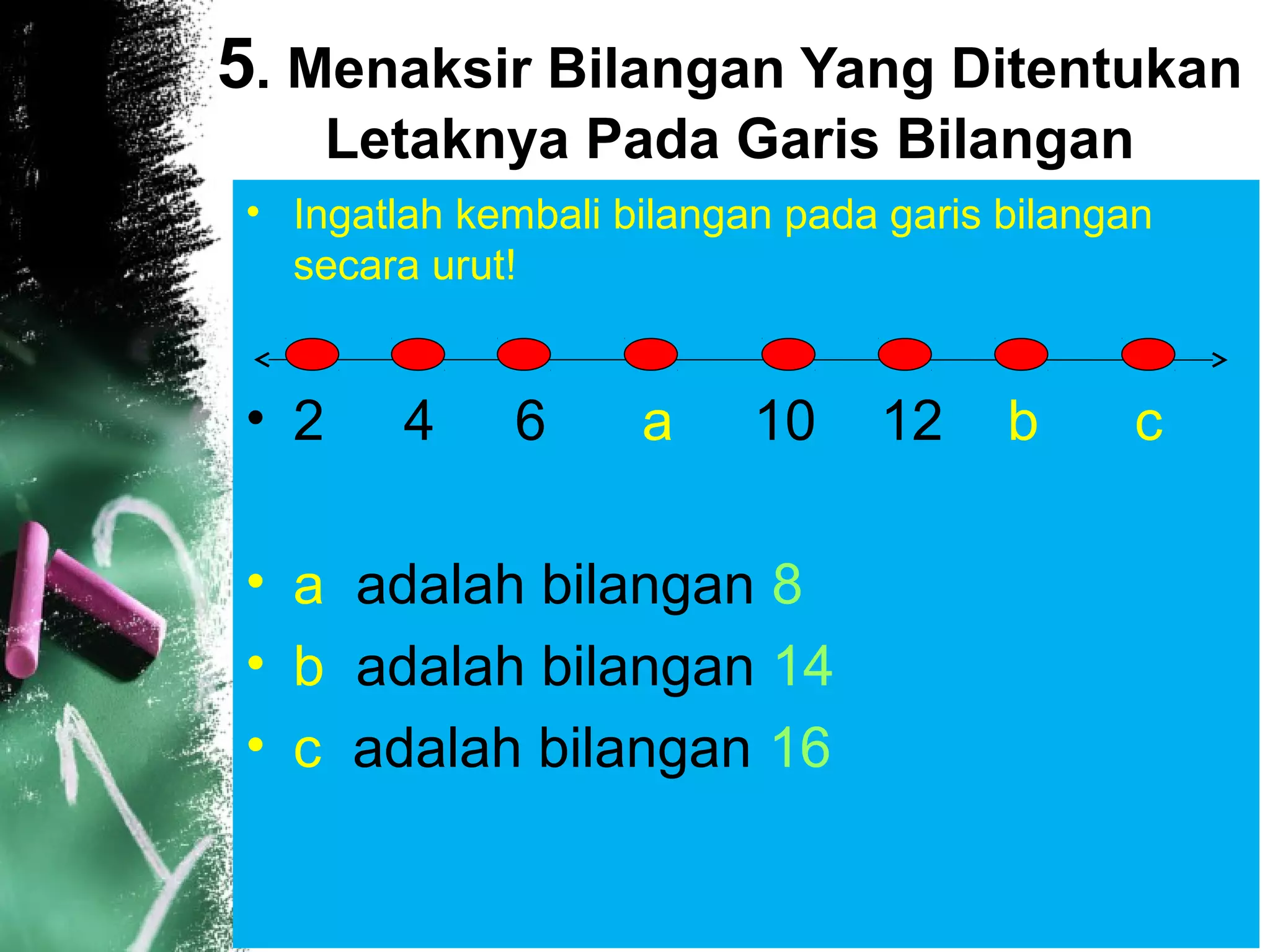 5. Menaksir Bilangan Yang Ditentukan
Letaknya Pada Garis Bilangan
• Ingatlah kembali bilangan pada garis bilangan 
secara urut!
• 2   4  6  a 10 12  b c
• a  adalah bilangan 8
• b  adalah bilangan 14
• c  adalah bilangan 16
 