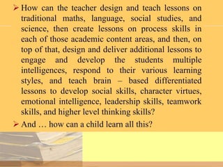  How can the teacher design and teach lessons on
traditional maths, language, social studies, and
science, then create lessons on process skills in
each of those academic content areas, and then, on
top of that, design and deliver additional lessons to
engage and develop the students multiple
intelligences, respond to their various learning
styles, and teach brain – based differentiated
lessons to develop social skills, character virtues,
emotional intelligence, leadership skills, teamwork
skills, and higher level thinking skills?
 And … how can a child learn all this?

 