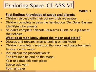 Week 1
•
•
•
•
•

•

Fact finding: knowledge of space and planets
Children discuss with their partner their responses
Children complete in pairs the handout on „Our Solar System‟
identifying the planets
Students complete „Planets Research Guide‟ on a planet of
their choice
What does man know about the moon and stars?
Discuss and research man‟s landing on the Moon
Children complete a matrix on the moon and describe man‟s
landing on the moon
Including in the presentation is:
The first man to land on the moon
Year and date this took place
Space suit worn
Form of travel

 