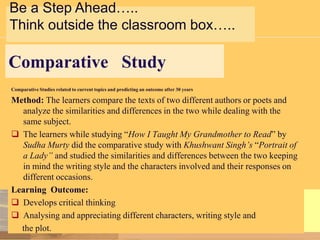 Be a Step Ahead…..
Think outside the classroom box…..

Comparative Study
Comparative Studies related to current topics and predicting an outcome after 30 years

Method: The learners compare the texts of two different authors or poets and
analyze the similarities and differences in the two while dealing with the
same subject.
 The learners while studying “How I Taught My Grandmother to Read” by
Sudha Murty did the comparative study with Khushwant Singh’s “Portrait of
a Lady” and studied the similarities and differences between the two keeping
in mind the writing style and the characters involved and their responses on
different occasions.
Learning Outcome:
 Develops critical thinking
 Analysing and appreciating different characters, writing style and
the plot.

 