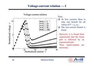 Note:
At low currents there is
only one branch for all
values of b = µn /µT .
The low-current branch is
linear.
However, it is found from
VoltageVoltage--current relationcurrent relation —— II
Massimo Rudan
University of Bologna
20
However, it is found from
experiments that the linear
part is followed by an
exponential part.
Thus, improvements are
necessary.
 