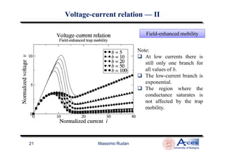 Field-enhanced mobility
Note:
At low currents there is
still only one branch for
all values of b.
The low-current branch is
VoltageVoltage--current relationcurrent relation —— IIII
Massimo Rudan
University of Bologna
21
exponential.
The region where the
conductance saturates is
not affected by the trap
mobility.
 