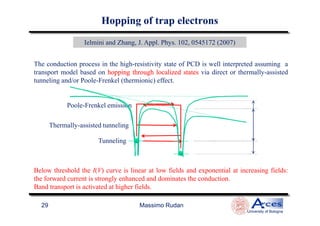 The conduction process in the high-resistivity state of PCD is well interpreted assuming a
transport model based on hoppinghopping throughthrough localizedlocalized statesstates via direct or thermally-assisted
tunneling and/or Poole-Frenkel (thermionic) effect.
Ielmini and Zhang, J. Appl. Phys. 102, 0545172 (2007)
Poole-Frenkel emission
Hopping ofHopping of trap electronstrap electrons
Massimo Rudan
University of Bologna
29
Thermally-assisted tunneling
Tunneling
Below threshold the I(V) curve is linear at low fields and exponential at increasing fields:
the forward current is strongly enhanced and dominates the conduction.
Band transport is activated at higher fields.
 