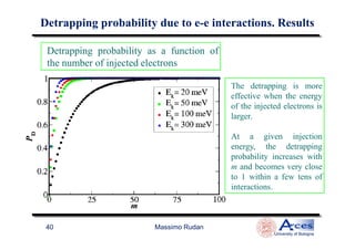 Detrapping probability as a function of
the number of injected electrons
The detrapping is more
effective when the energy
of the injected electrons is
larger.
DetrappingDetrapping probability due to eprobability due to e--e interactions. Resultse interactions. Results
Massimo Rudan
University of Bologna
40
At a given injection
energy, the detrapping
probability increases with
m and becomes very close
to 1 within a few tens of
interactions.
 