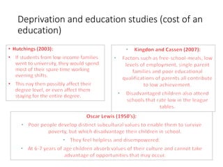 Deprivation and education studies (cost of an 
education) 
 